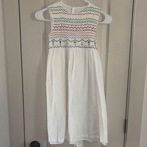 Rare Edition Girls White Sleeveless Smocked Dress with Pastel Floral Embroidery